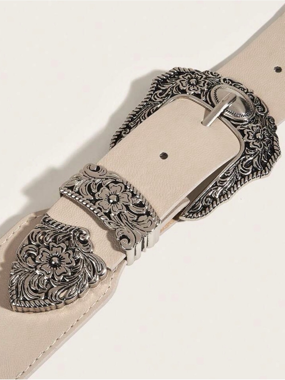 Beige Floral Double Buckle Western Belt - Picture 4 of 4